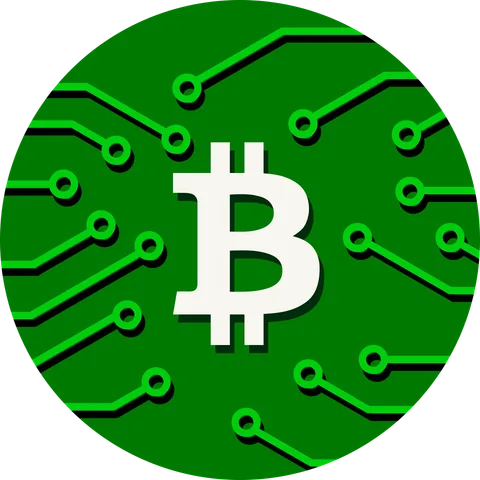 Green circuit-board badge with a Bitcoin symbol