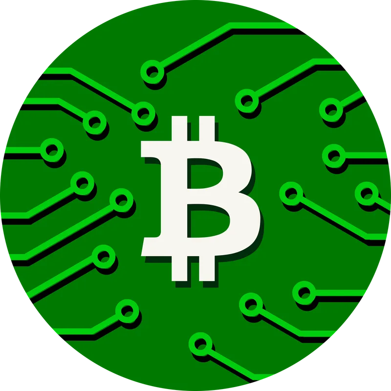 Bitcoin symbol on a green circuit-board style badge