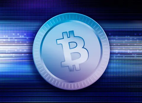 Blue digital Bitcoin coin on a circuit-style background