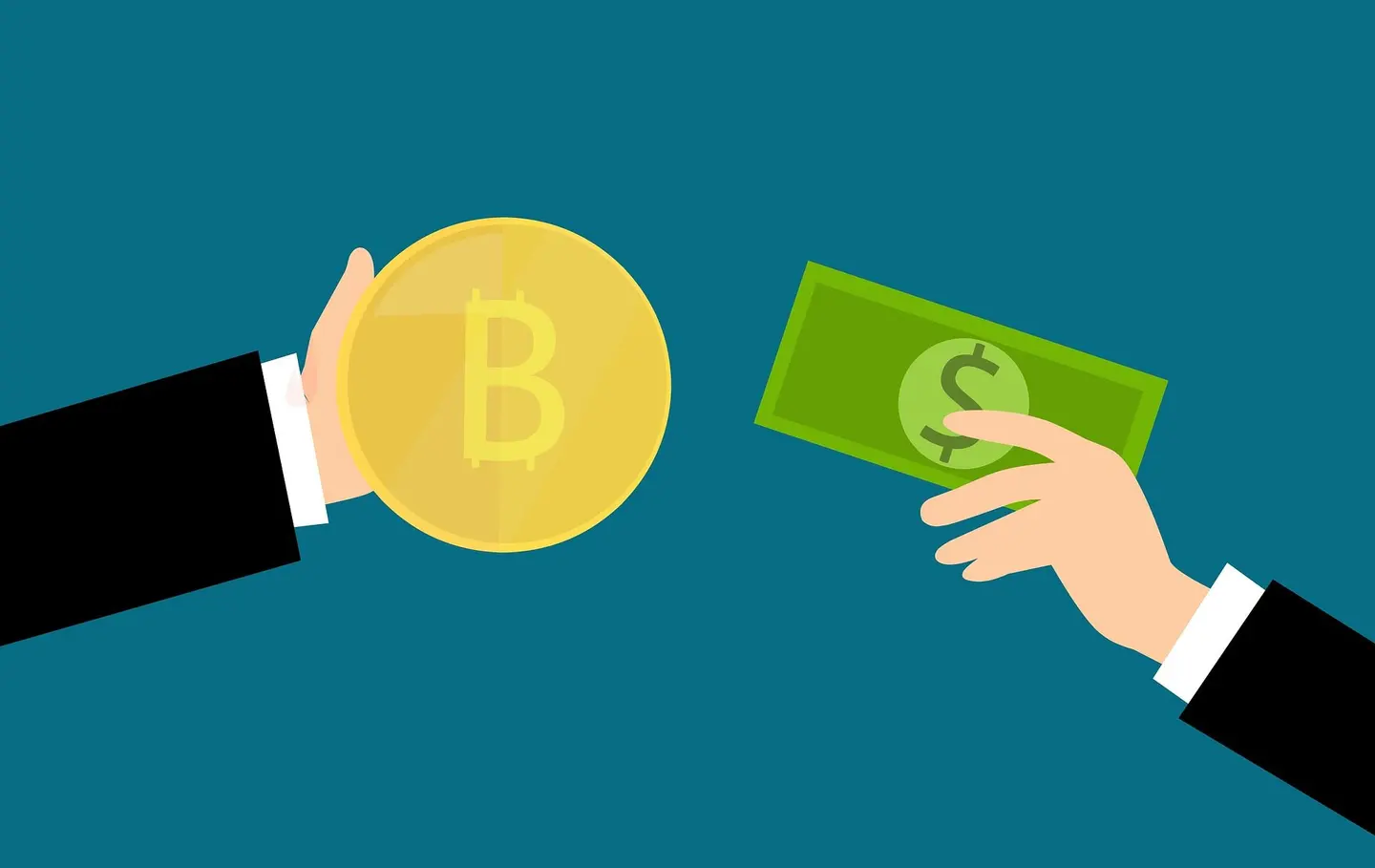 Hand passing banknotes in exchange for a Bitcoin coin
