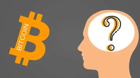 Head silhouette filled with Bitcoin symbols and question marks