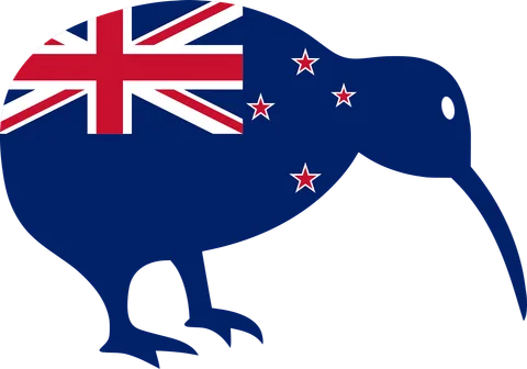Kiwi bird silhouette filled with the New Zealand flag