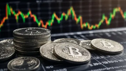 Stack of silver Bitcoin coins in front of a rising price chart