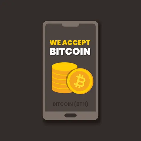 Smartphone showing a 'we accept Bitcoin' screen